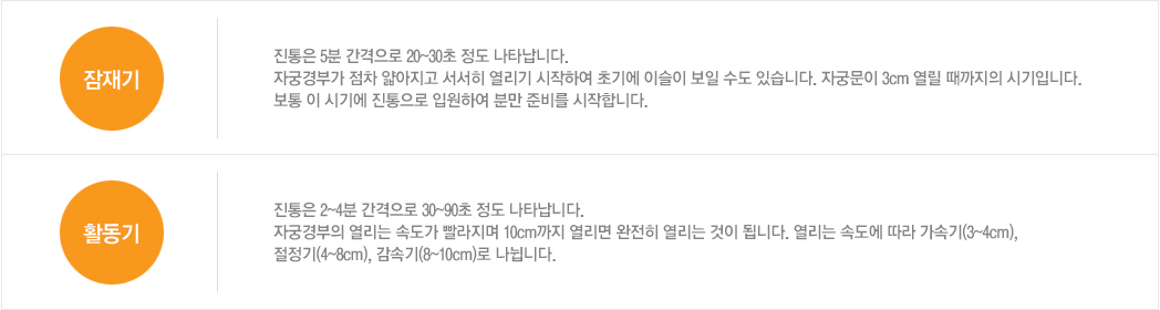 잠재기:진통은 5분 간격으로 20~30초 정도 나타납니다. 자궁경부가 점차 얇아지고 서서히 열리기 시작하여 초기에 이슬이 보일 수도 있습니다. 자궁문이 3cm 열릴 때까지의 시기입니다. 보통 이 시기에 진통으로 입원하여 분만 준비를 시작합니다. / 활동기:진통은 2~4분 간격으로 30~90초 정도 나타납니다. 자궁경부의 열리는 속도가 빨라지며 10cm까지 열리면 완전히 열리는 것이 됩니다. 열리는 속도에 따라 가속기(3~4cm), 절정기(4~8cm), 감속기(8~10cm)로 나뉩니다.