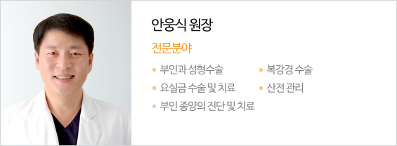 안웅식 원장 전문분야 산전관리,자궁근종 용해술,레이저 복강경 수술,부인과 성형 수술,요실금 수술 및 치료
